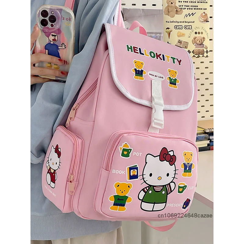 Sanrio Hello Kitty Cute Print Korean Version Backpack Retro Red Large Capacity Shoulders Bag Y2k Sweet Girl Student School Bag