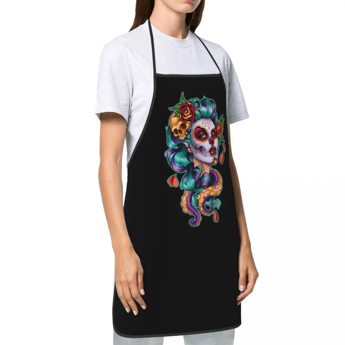 Flower Sugar Skull Tattoo Aprons for Men Women Day Of The Dead Adult Kitchen Chef Bib Tablier Cuisine Cooking Baking Gardening