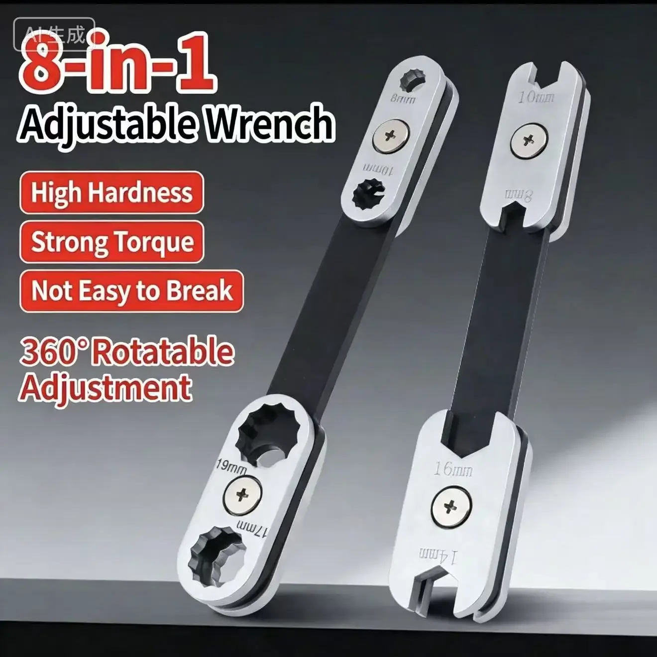 8‑in‑1 Multi‑Function Adjustable Wrench 360° Rotatable Carbon Steel Thickened Open End Box Spanner, High Hardness Hand Repair To