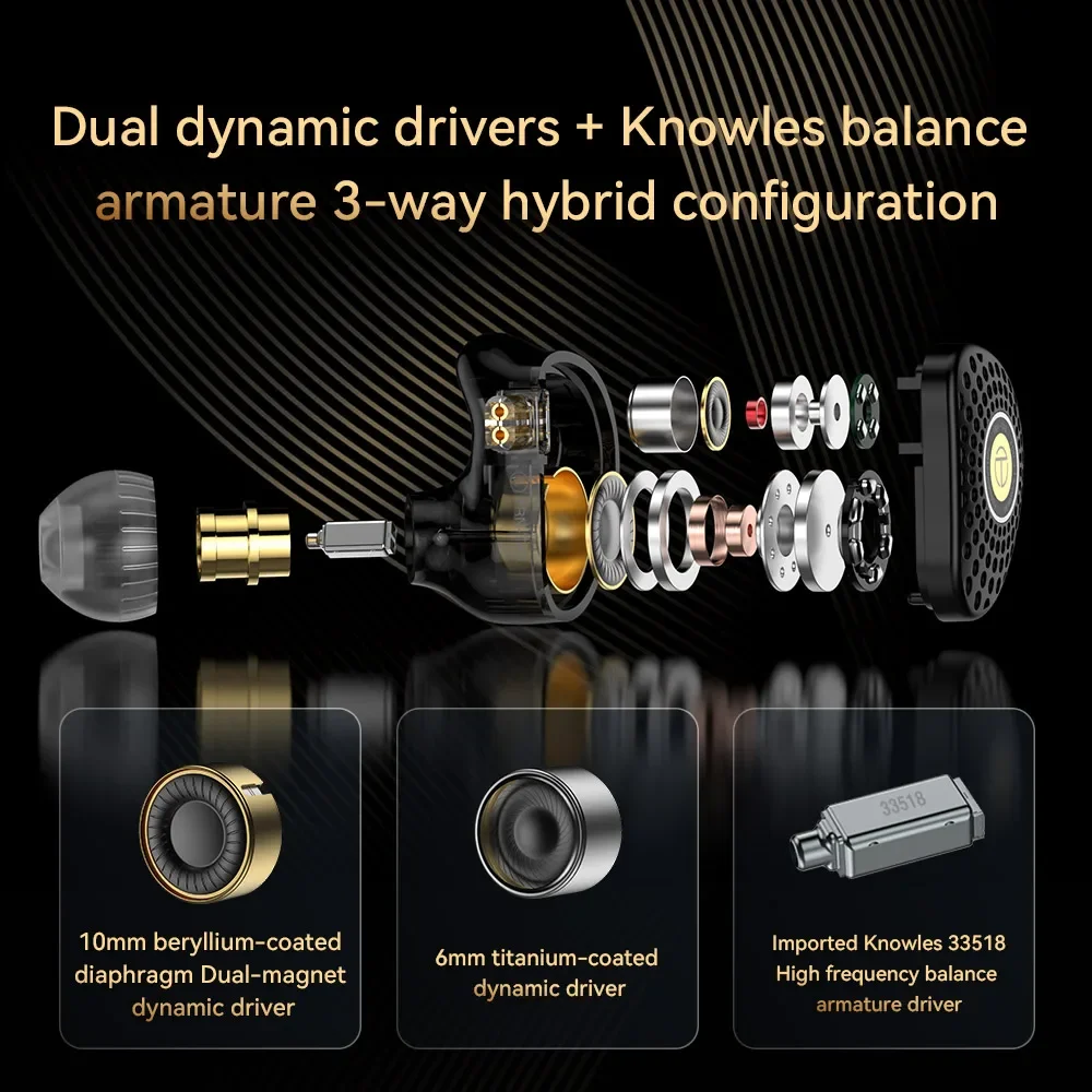 TRN TA3 Hi-FI 1BA 2DD In-ear Monitors Earphone Knowles Hybrid Beryllium-plated Dynamic HIFI Metal Running For TRN MT4 Headset