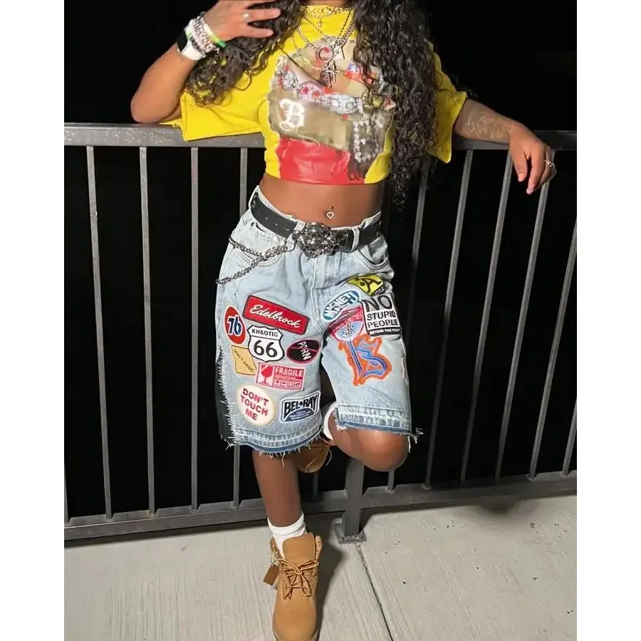 

Унисекс шорты Y2K в стиле рок-хип-хоп с пэчворком и мультяшным принтом, зимние модные мужские и женские шорты из полиэстера
