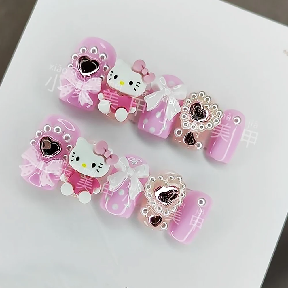 

Kawaii Pink Hello Kitty Handmade Pearl Heart Bright Diamond 3D Wear Nail Sweet Cool Bow Detachable Party Nail Art Girl Gift