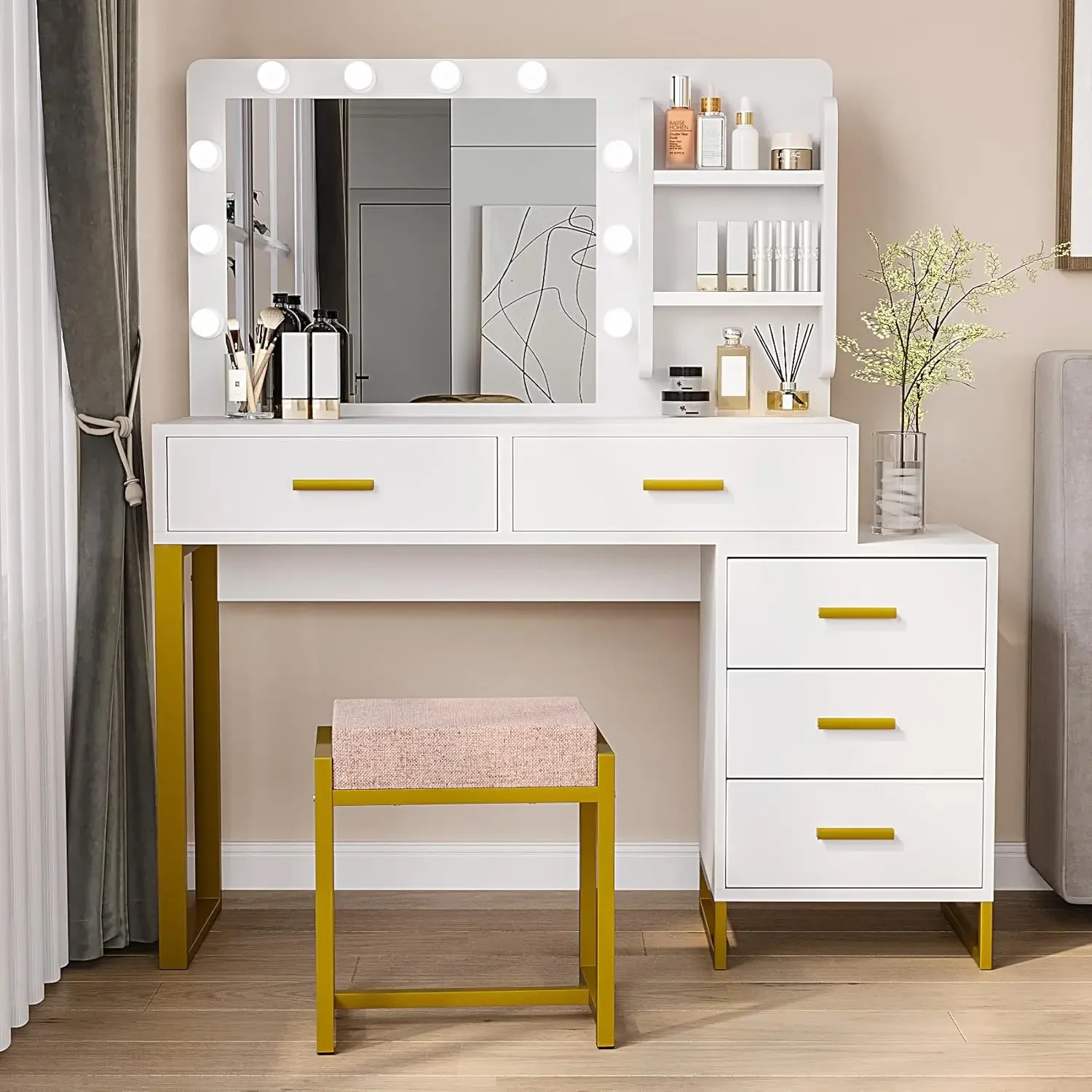 

Makeup Vanity Desk w/ 10 LED Lights Mirror & 5 Drawers, 2 Open Shelves Dressing Table w/ Side 3-Drawer Chest, 39.4"(L) Table Set