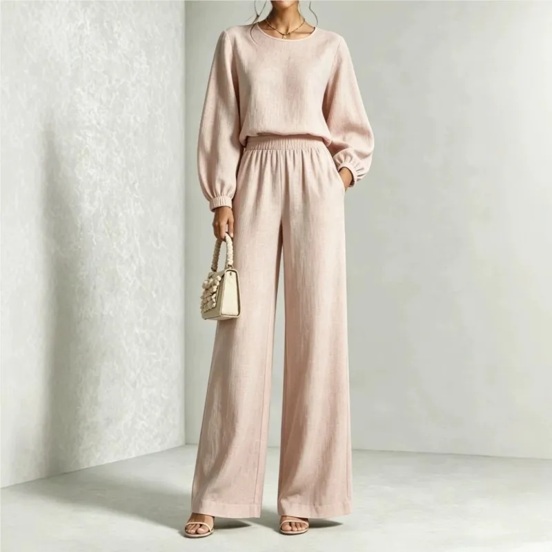 Loose Solid Color Women 2 Piece Outfit Autum Fashion Round Neck Long Sleeve Top + Elastic Waist Wide Leg Pants Set Casual Outfit