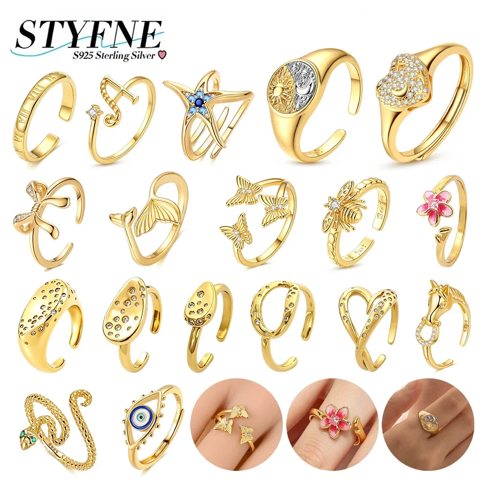925 Silver Golden Adjustable Open Ring Butterfly Bee Starfish Flower Love Zircon Rings Jewelry for Women Birthday Party Gift