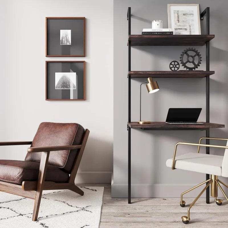 Theo 2-Shelf Industrial Wall Mount Ladder Table, Small Computer or Writing Desk, Nutmeg/Matte Black