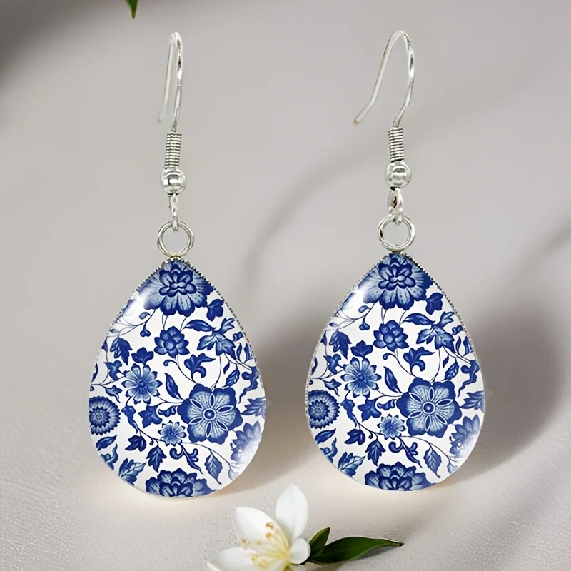 New Fashion Blue and white porcelain Mandala pattern picture Tear Drop Dangles Handmade Jewelry Fish Hook Earrings