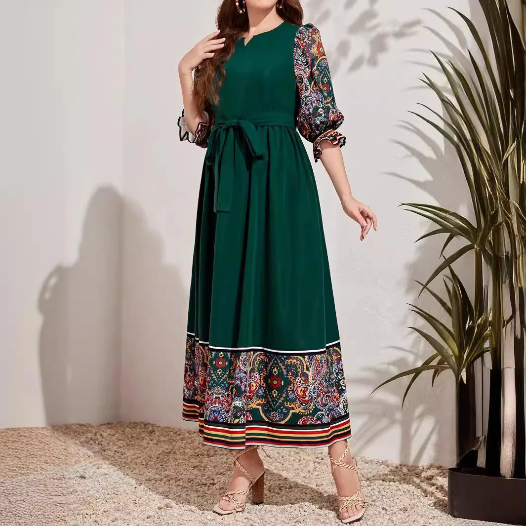 Vestido largo con estampado musulmán para mujer, prenda informal de manga larga con cuello redondo, Abaya islámica, Estilo Vintage, 2024