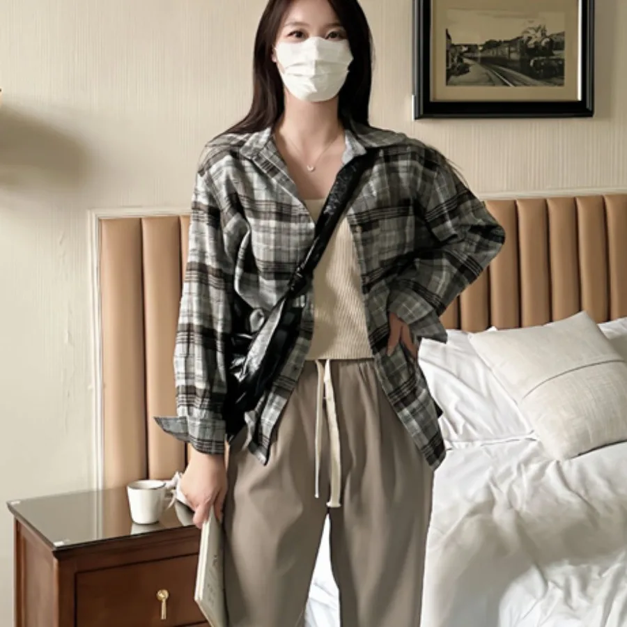 Casual Chic Donna irt Coreano Sle Primavera Autunno Plaid Lungo Sve Lazy Sle Versatile Semplice Stratificazione Top Traspirante Sk...