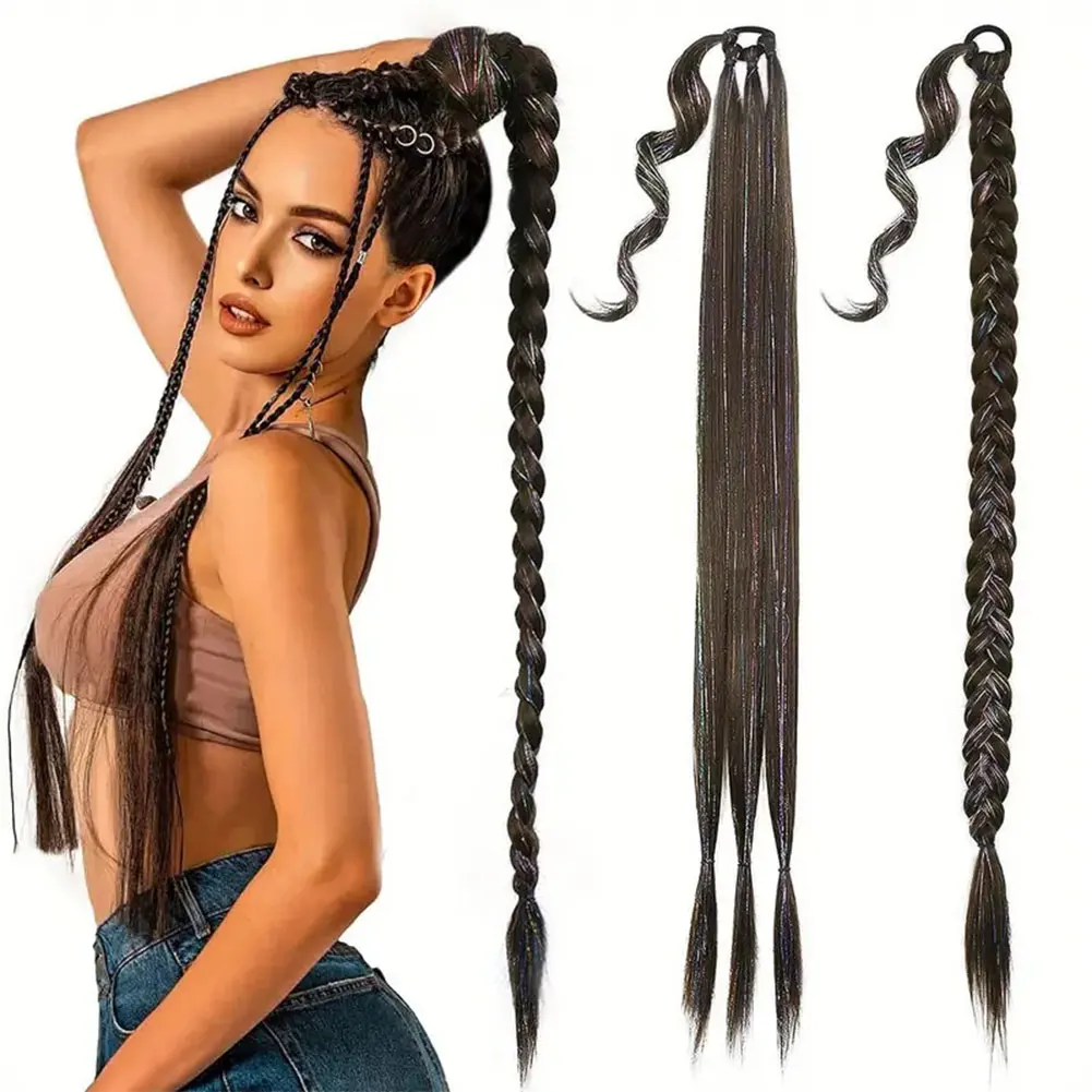 Synthetic Braided Ponytail Extensions Black Brown Blonde Hairpiece Pony Tail With Hair Tie For Women Fake Hair Extensions