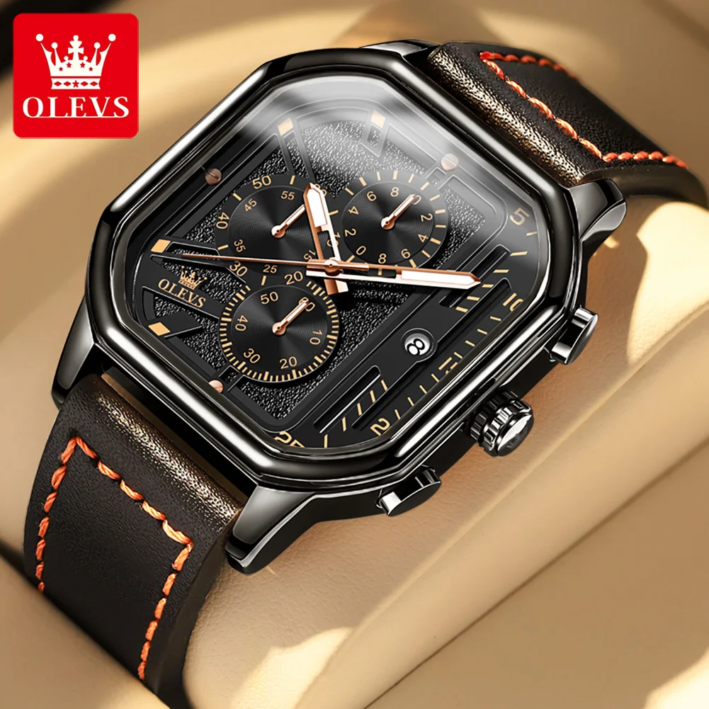 

OLEVS 9950 Original Quartz Watches for Men Leather Strap Chronograph Men's Sports Wristwatch Square Dial Luxury Brand Man Watch