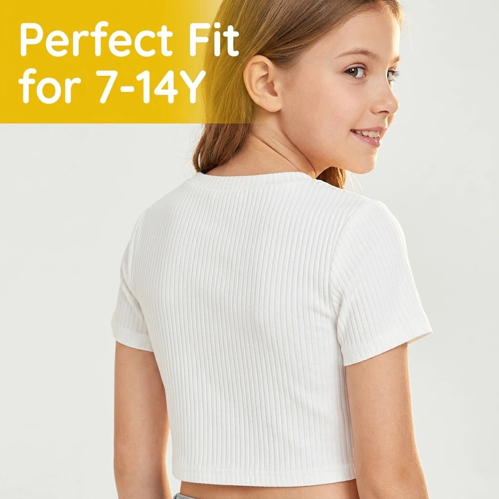 Girls Ribbed Colorful Daisy Embroidered Crew Neck Short Sleeve T-Shirt, for Daily Casual Back to School Weekend Kids Stylish