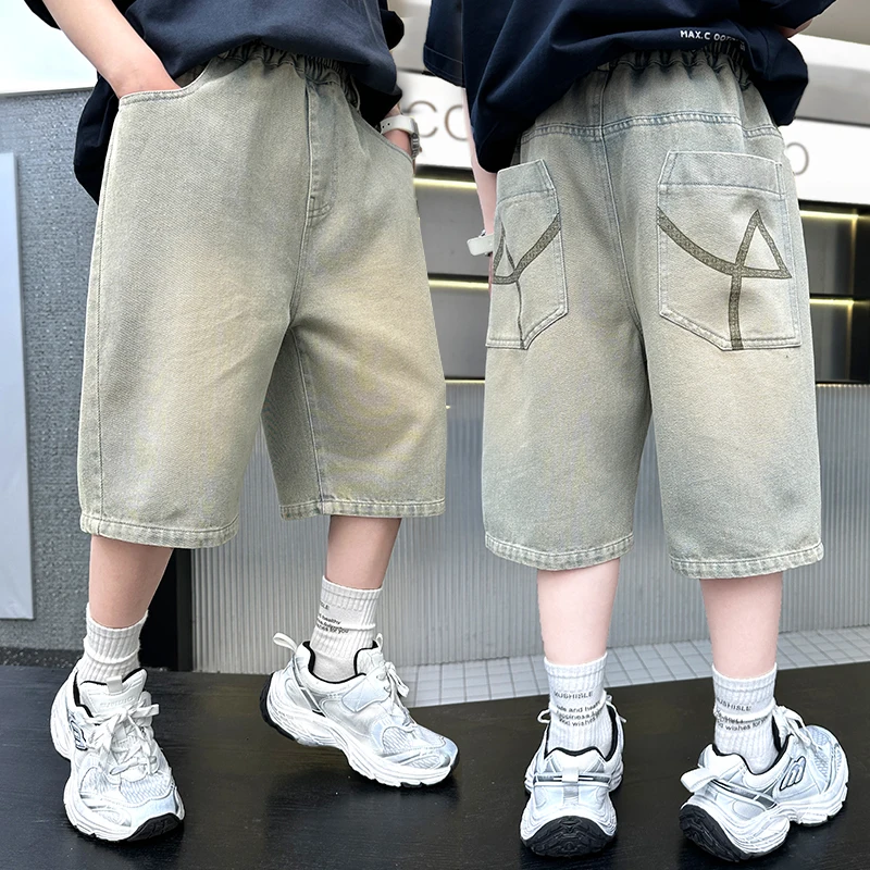 Fashion Kids Brand Design Denim Shorts for Teenager Boys Stylish Summer Mid-Calf Jeans Short Tweens Child Casual Capris Pants
