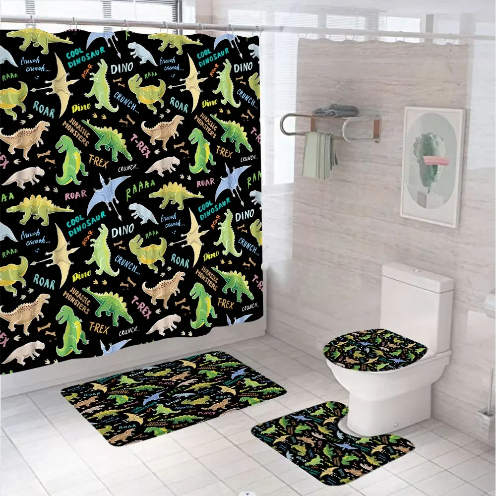 4Pcs Cartoon Dinosaur Bathroom Shower Curtain Set Animal Kid Home Decor with Bath Mat U Shape Rug Toilet Lid Cover Mat 12 Hooks