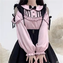 Kawaii Women Shirts Lolita Y2K Cute Japanese Style Blouse Elegant Long Sleeve Sweet Tops Casual Office Ladies Aesthetic Shirt