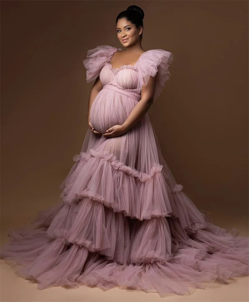 Pink Women Maternity Dresses for Photo Shoot Ruffles Tulle Sweetheart Off Shoulder Baby Shower Pregnant Custom Made Prom Gown