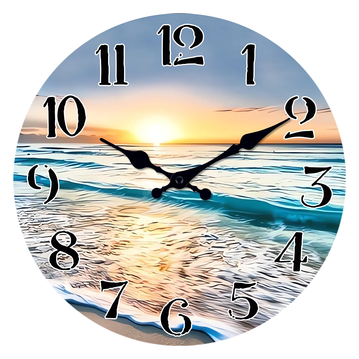 Horloge murale en bois moderne avec motif coucher de soleil sur la plage, décoration murale pour salon, chambre à coucher, cuisine, maison, horloge silencieuse à quartz, cadeau de vacances, 10 pouces, 12 pouces, 14 pouces, 16 pouces (sans batterie)