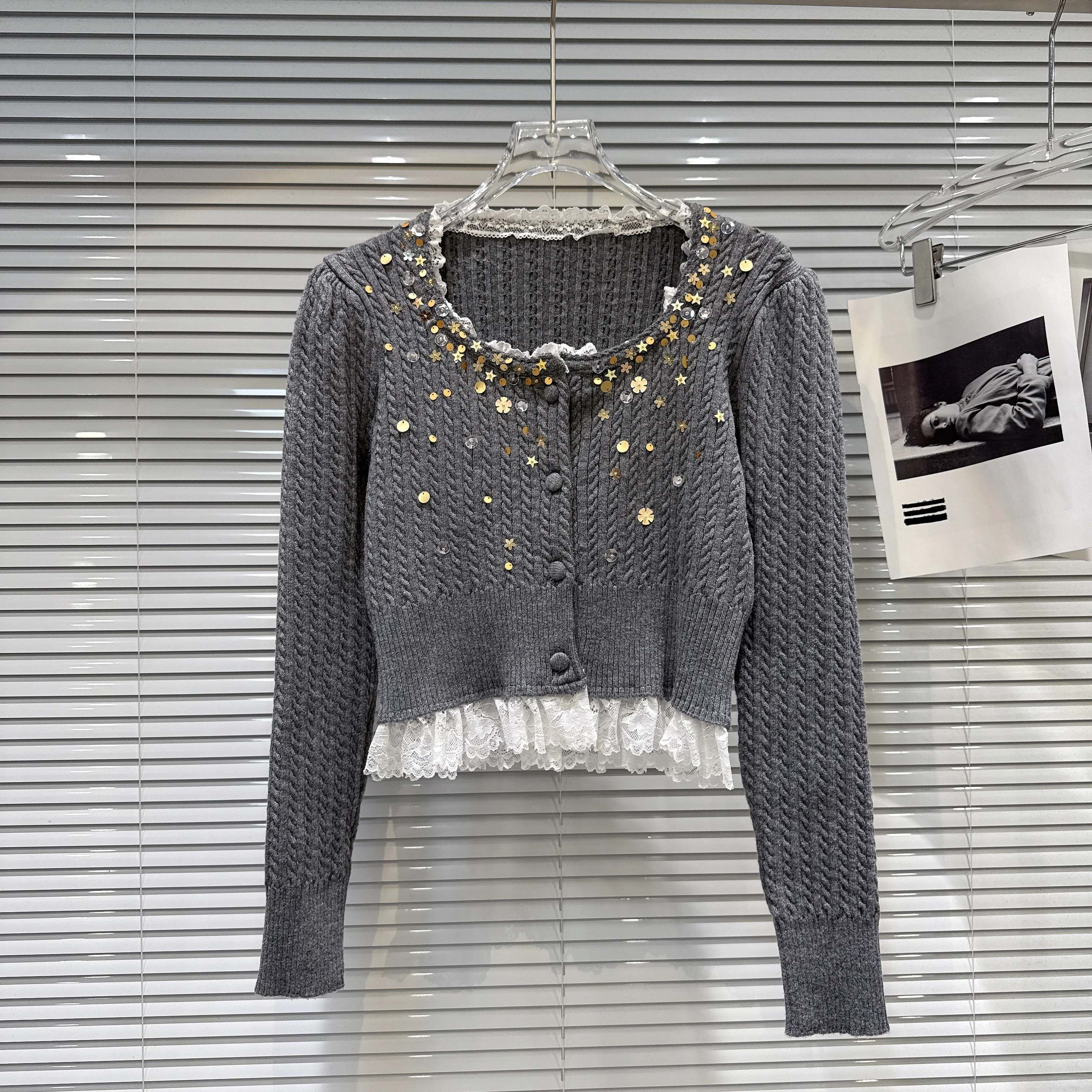 

Gagarich 2026 Spring Autumn New Collection Women Lace Edge 3D Bead Embroidered Knitted Sweater Cardigan Top