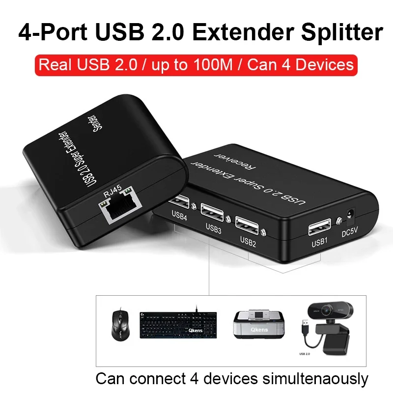 

100 м 4-портовый сетевой удлинитель USB 2.0 от RJ45 Cat5e Cat6 Ethernet-кабель для Win10/11 веб-камеры, мыши, клавиатуры, принтера, сканера