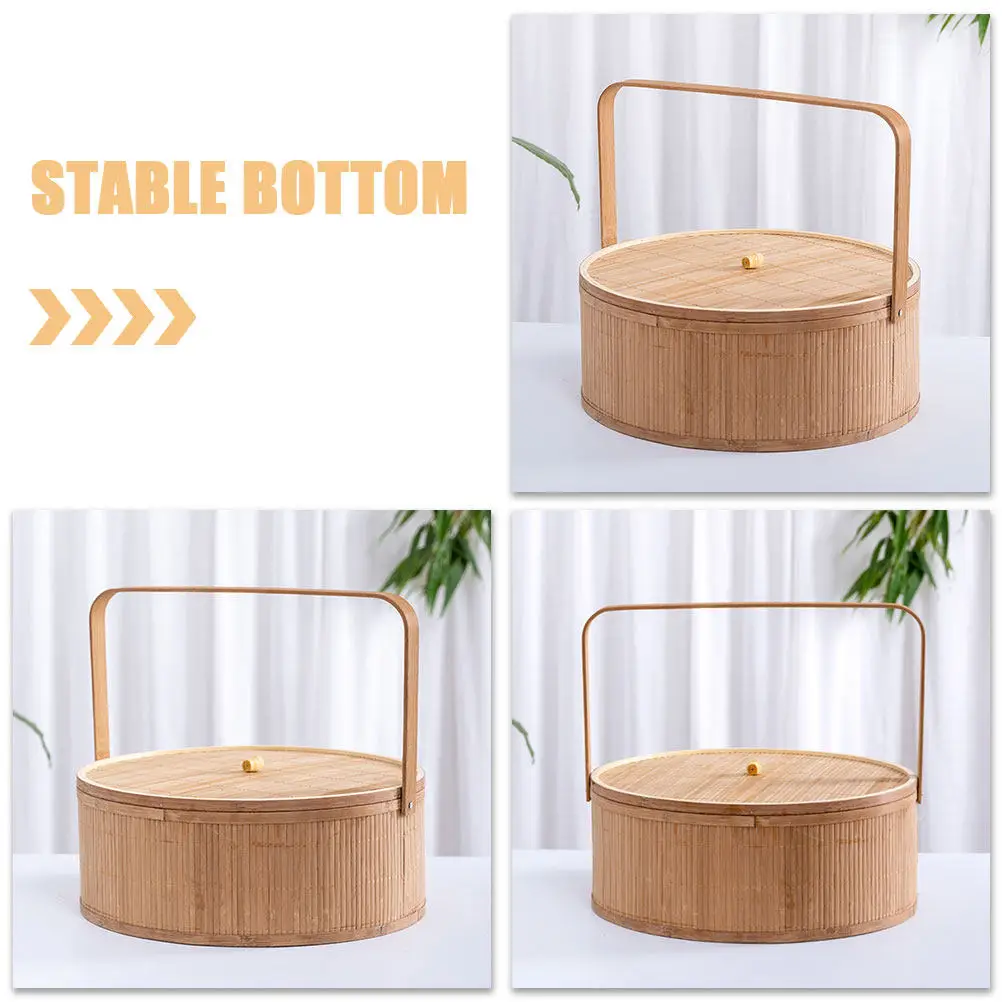 

Woven Bamboo Basket with Lid Handmade Storage Container for Kitchen Dry Goods Gift Shopping Sundry Portable Holder