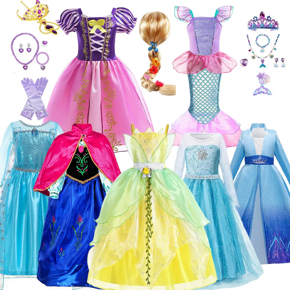 Girls Elsa Role Play Carnival Costume Princess Dress Cute Rapunzel Anna Ball Gown Kid Halloween Tiana Clothing Moana Party Frock