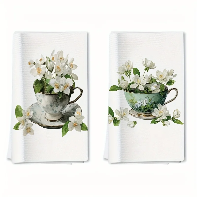 2Pcs, Jasmine Tea Cup Kitchen Towels, 40Cm*60Cm Towel Set, Super Absorbent Soft Cleaning Cloth, Cooking and Baking Tea Towels, Hand Towels, Cleaning Cloths, Dishcloths, Kitchen Decoration, Living Room Decorations, Kitchen Essentials, Home Essentials