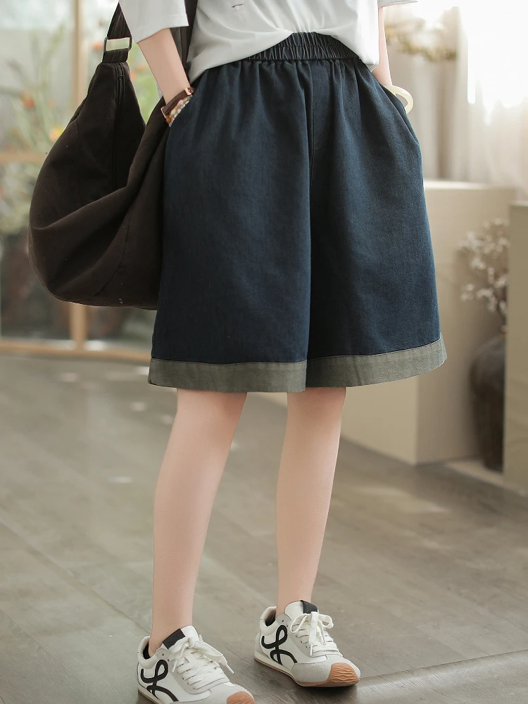 

Cyu 00% Cotton Summer New Loose Wide Leg Blue Women's orts Casual High Waist Five-Quarter Length Thin Fabric Proc