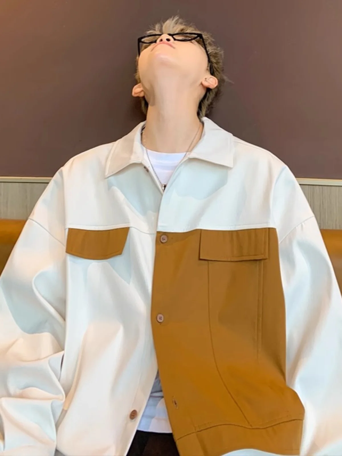 

Large Size 300 Pounds 2026 Spring Autumn American Retro Men's Long Sleeve Shirt Trendy Color Block Workwear Jacket