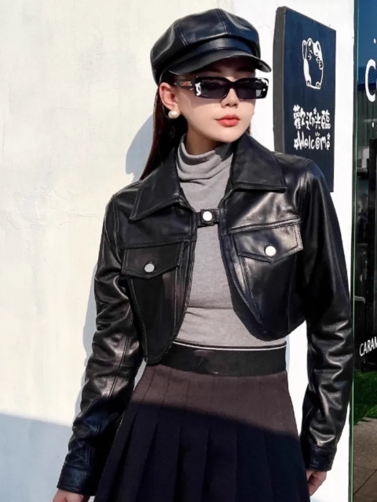 Black Genuine Leather Motorcycle Short Coat Women Single Button Slim Fit Long Sleeve Turn-Down Collar Punk Real Sheepskin Jacket