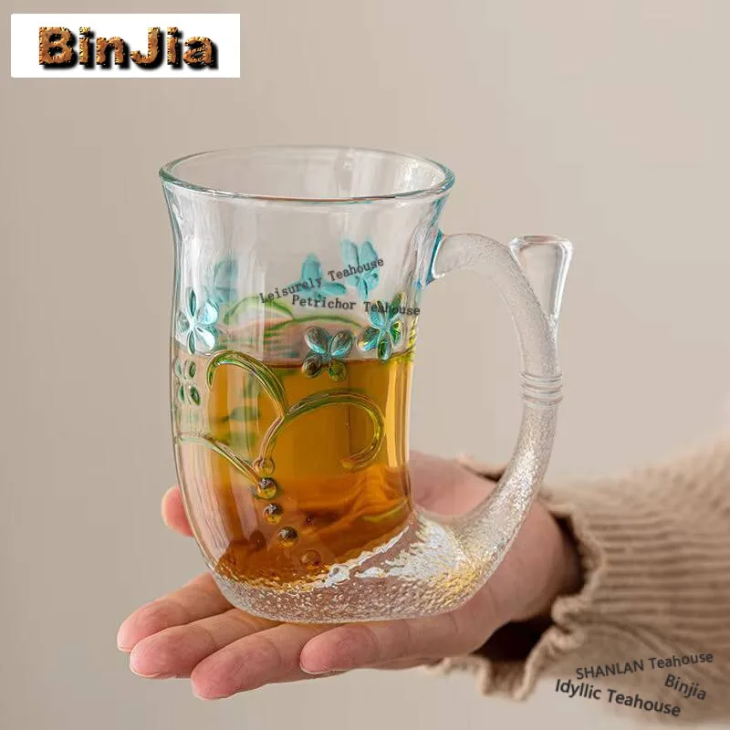 

200ml Creative Mermaid Pattern Glass Relief Flower Transparent Red Wine Glass With Handle Cute Juice Shot Glass Milk Coffee Cup