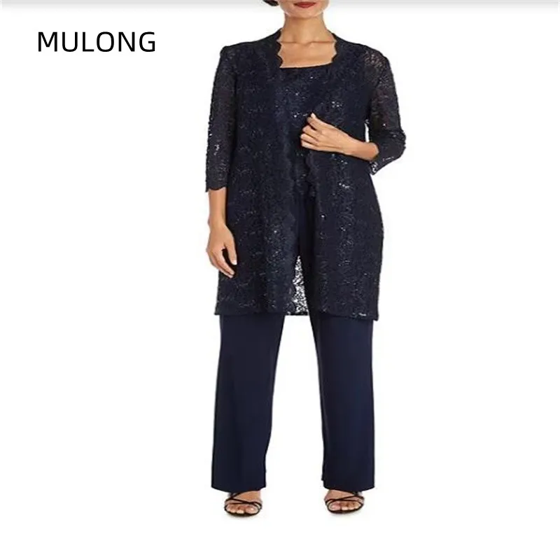 MULONG Women Farmal Mother Of The Bride Dresses 3 Piece Set Chiffon Pants Suits Lace Long SleeveS Godmother Dresses Woman 2023