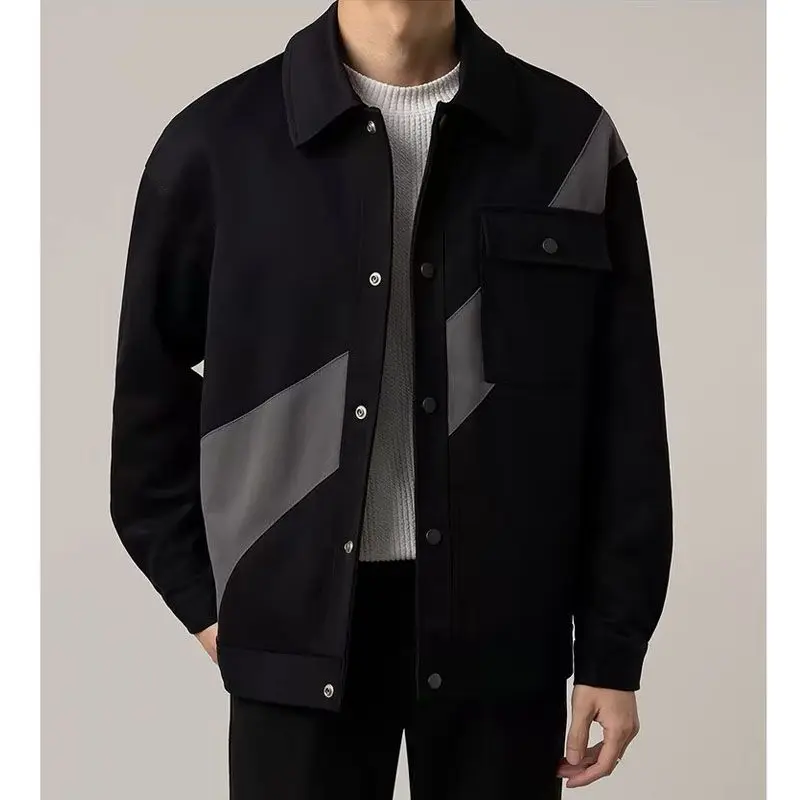 Men Lapel Collar Color Block Spliced Jacket Button Closure Pocket Design Loose Casual Outerwear Coat