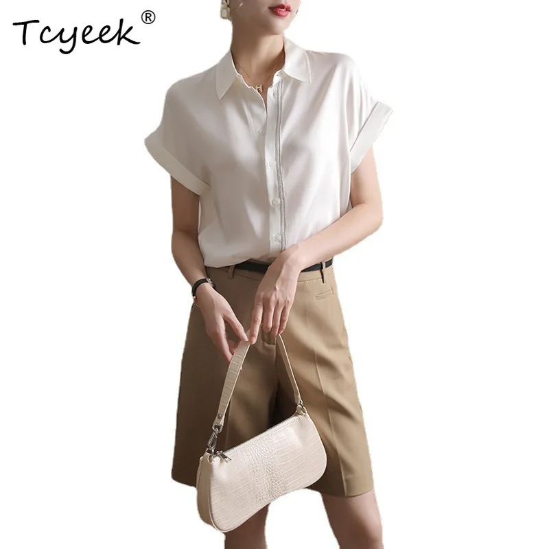 

Tcyeek 92%Real Silk 8%Spandex White Shirts Women Short-sleeved Loose Tops Elegant High Quality T-shirt 2023 Summer T37950QM