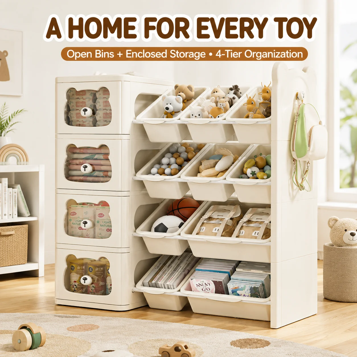 Kids Toy Storage Organizer 3/4-Tier Toy Storage Cabinet with Removable Bins, Open & Enclosed Compartments, Toddler Toy Bookshelf for Playroom Nursery Bedroom, Bear Ear Design Kids Storage Unit