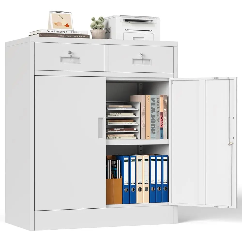 

White 36 High Metal Storage Cabinet with 2 Drawers, Lockable, Suitable for Home, School, Office, Garage
