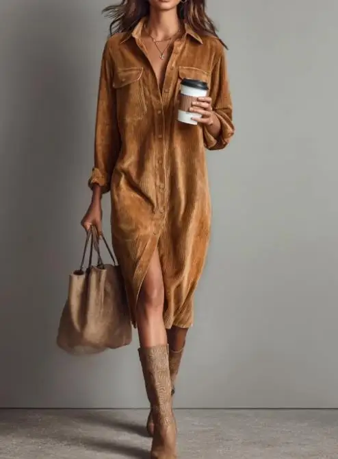 

Women's Retro Style Mid Length Dress with Single Breasted Button and Lapel Collar Long Sleeved Dress Commuting Elegant Dress