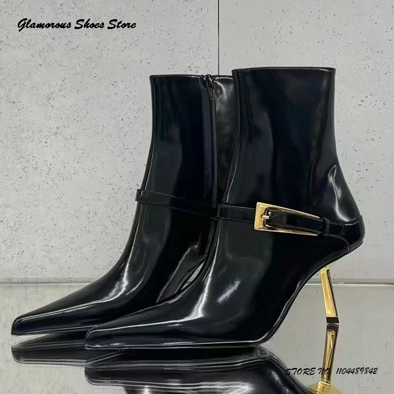 

Metal Belt Buckle Leather Ankle Boots Elegant Women's Spring Autumn Side Zipper Shoes Pointed Toe Metal Thin Heels Chic Booties