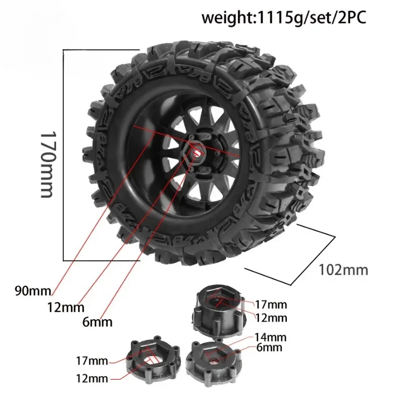 4PCS 1/8 바퀴 타이어 170mm 타이어 Weel 17mm 육각 허브 고무 스폰지 1/8 RC 자동차 몬스터 트럭 버기