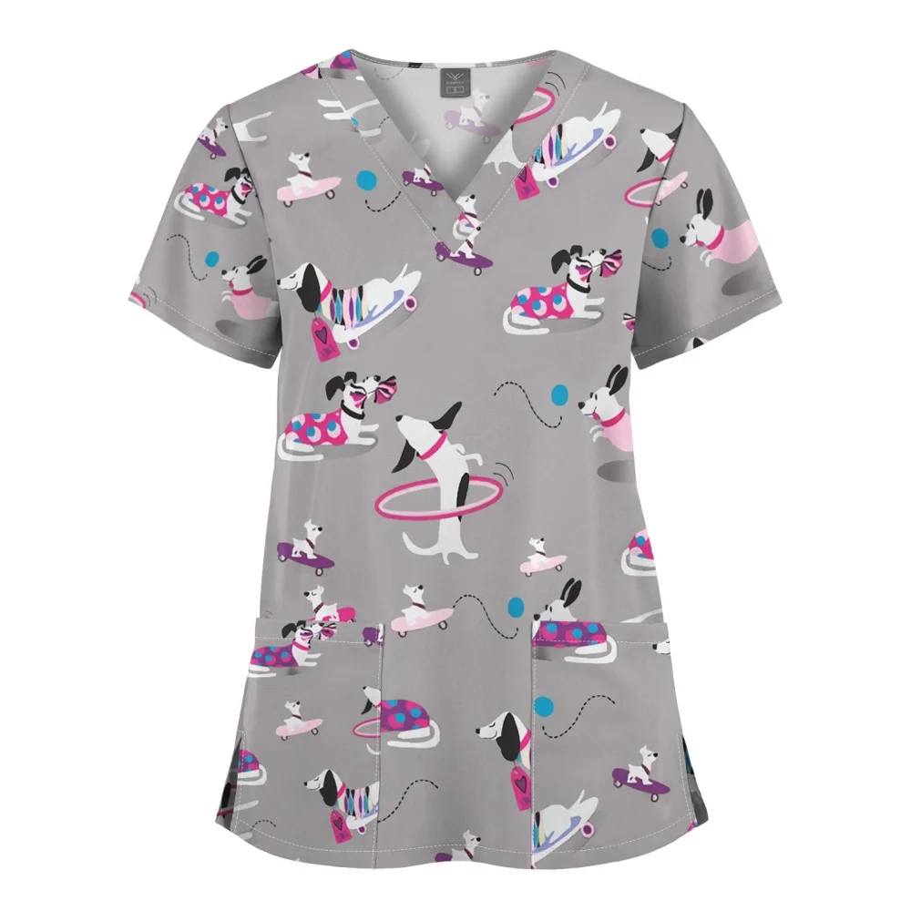 Cartoon Print Pet Doctor Blouse Nurse Uniform Unisex Short Sleeve Hospital Work Tops Surgical Uniforms Nursing Silks Tops Women