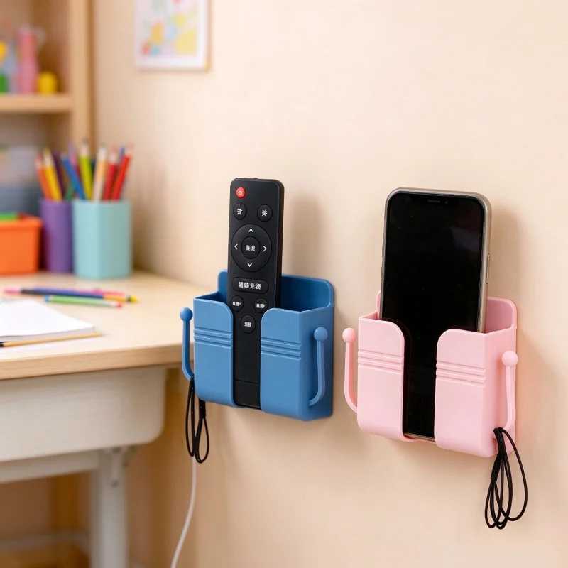 Adhesive Wall Mount Phone Holder No Drill Storage Box, Bedside Remote Control Organizer Charging Stand for Bedroom Bathroom