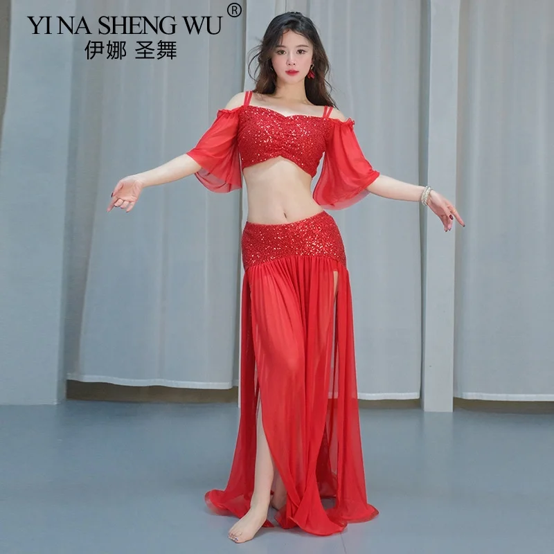 Zestaw kostiumów do tańca brzucha dla kobiet Top i spódnica Siateczka z cekinami Krótkie rękawy Dla dorosłych Ubrania do ćwiczeń scenicznych