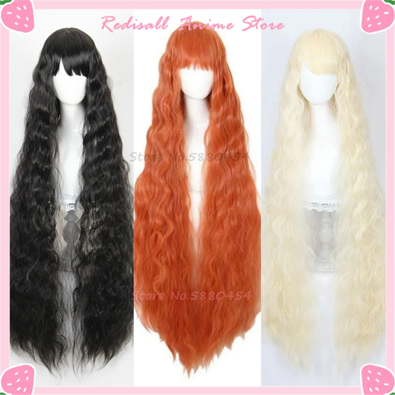 

120cm Long Curly Cosplay Wig Bangs Wavy Basic Synthetic Hair Orange Black Blonde Beige Lolita Party Anime Cute Princess Frill