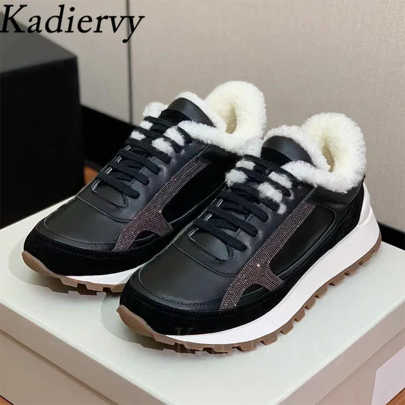 Winter Sneakers Women Lace Up Round Toe Flat Shoes WomanSuede Leather Patchwork Running Shoes Wool Warm Women\'s Sports Shoes