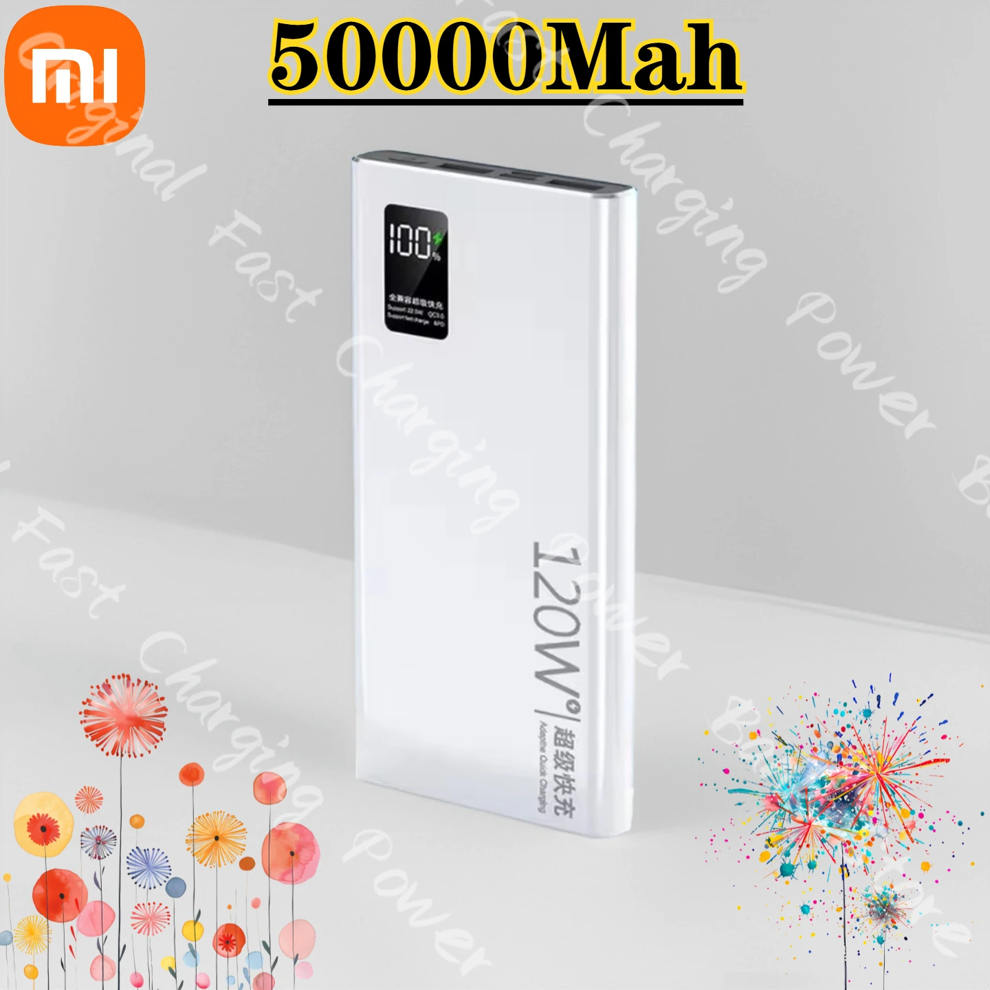 شاحن Xiaomi المحمول لهاتف iPhone Samsung 50000mAh Power Bank شاشة رقمية 120W شحن سريع متوافق مع بطارية