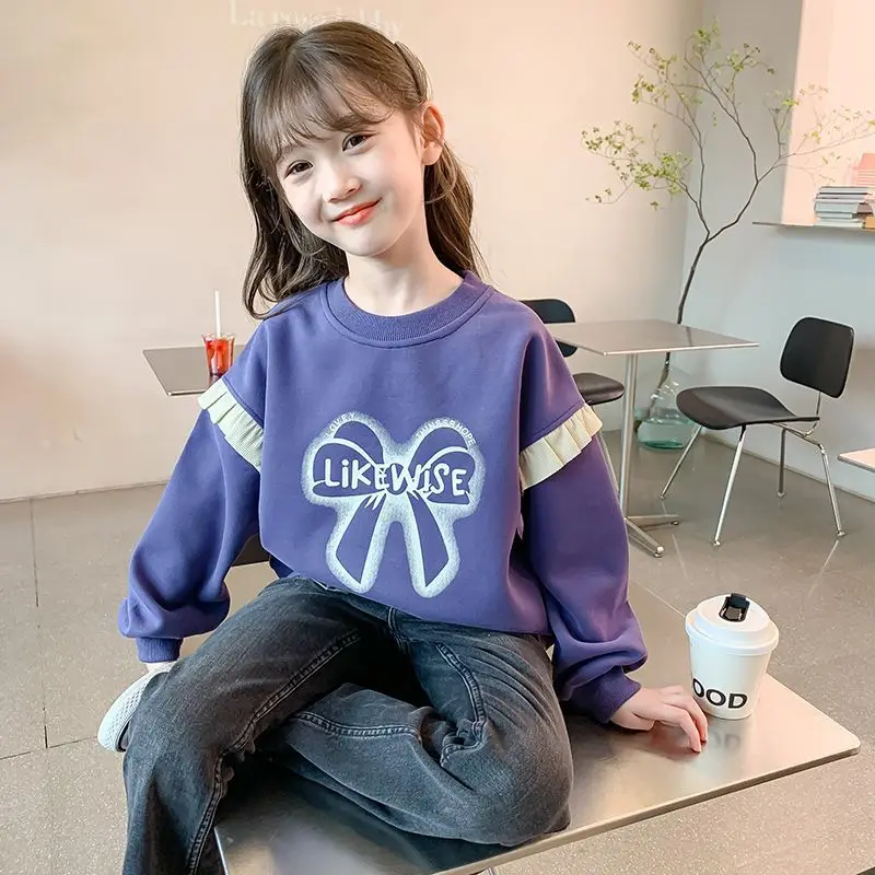 Spring Autumn Girls Hoodie Korean Style Purple Sweatshirt Kids Casual Tops Children Outerwear Base Layer Shirt