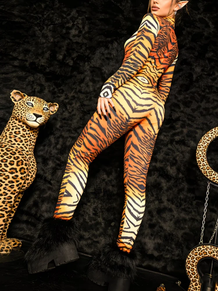 Damen Leoparden-Catsuit, eng anliegender Jumpsuit, Cosplay-Outfit, Halloween, Dschungel-Tier-Thema, Rave, Nachtclub, Tanz, Bühnenkostüm – Detail 16