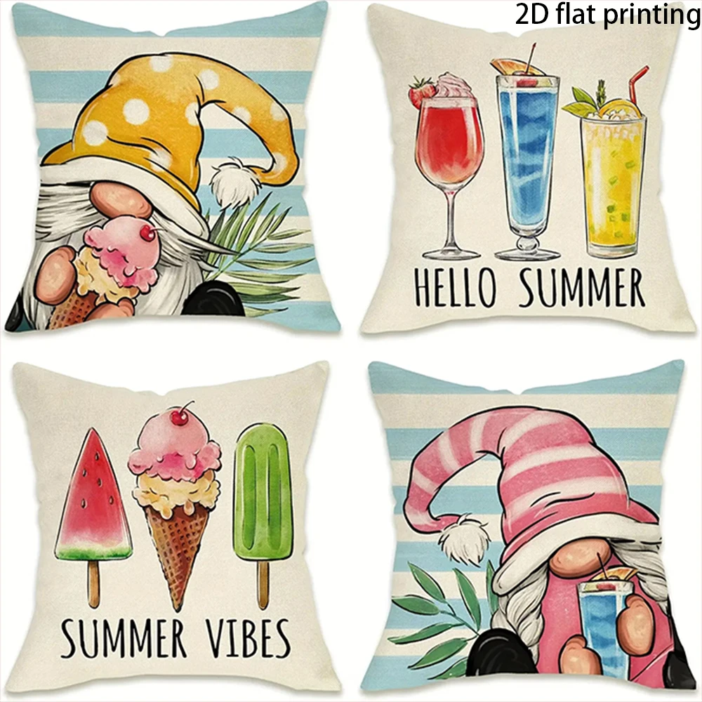 1/4PCS Summer Gnome Cocktail Ice Cream Pillow Covers ,Suitable for beds, sofas, lounge chairs, home decoration.