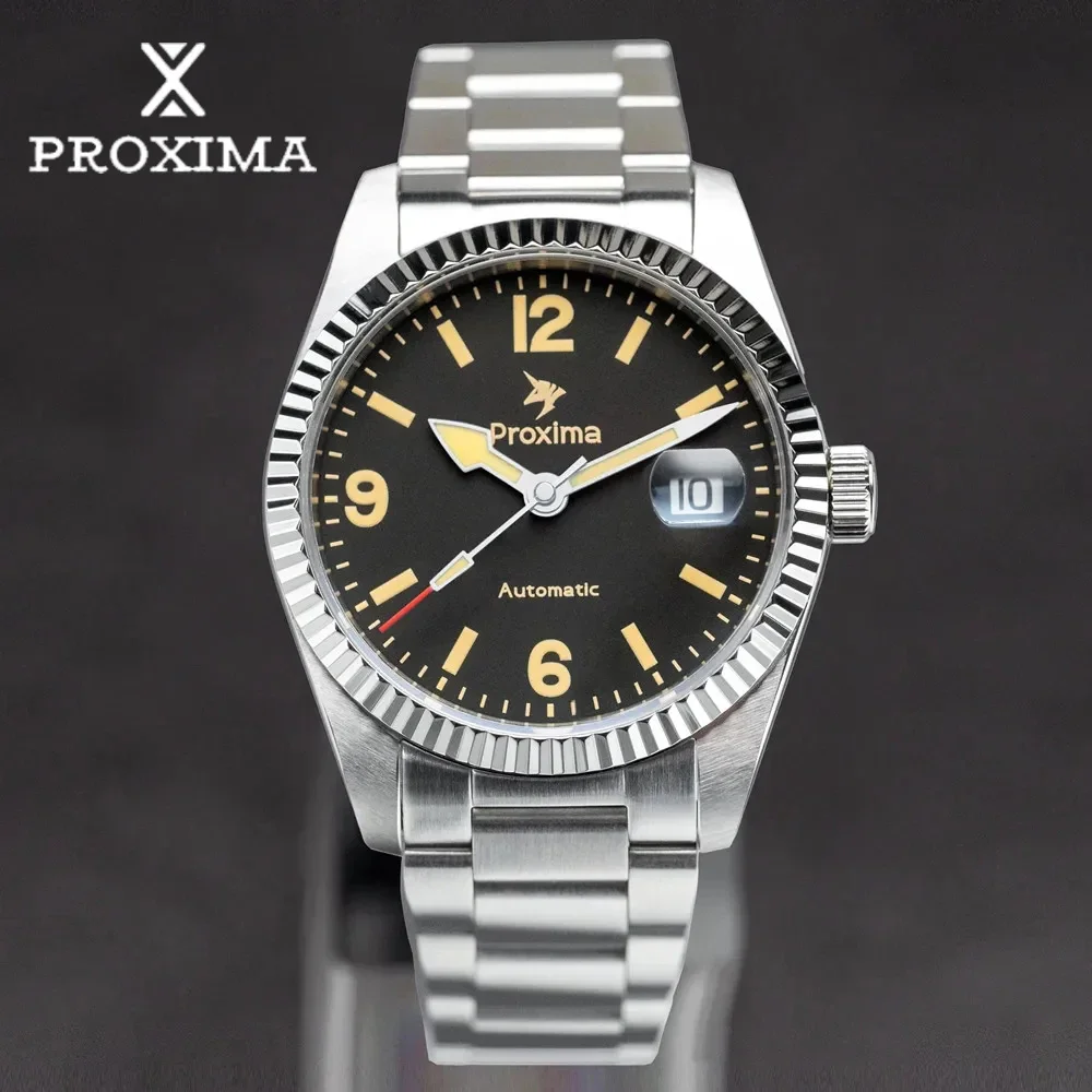 PX1700A 37mm Male Mechanical Watch Luxury Fluted Stainless Steel Bezel AR Sapphire Glass 100M Waterproof Men's Watches