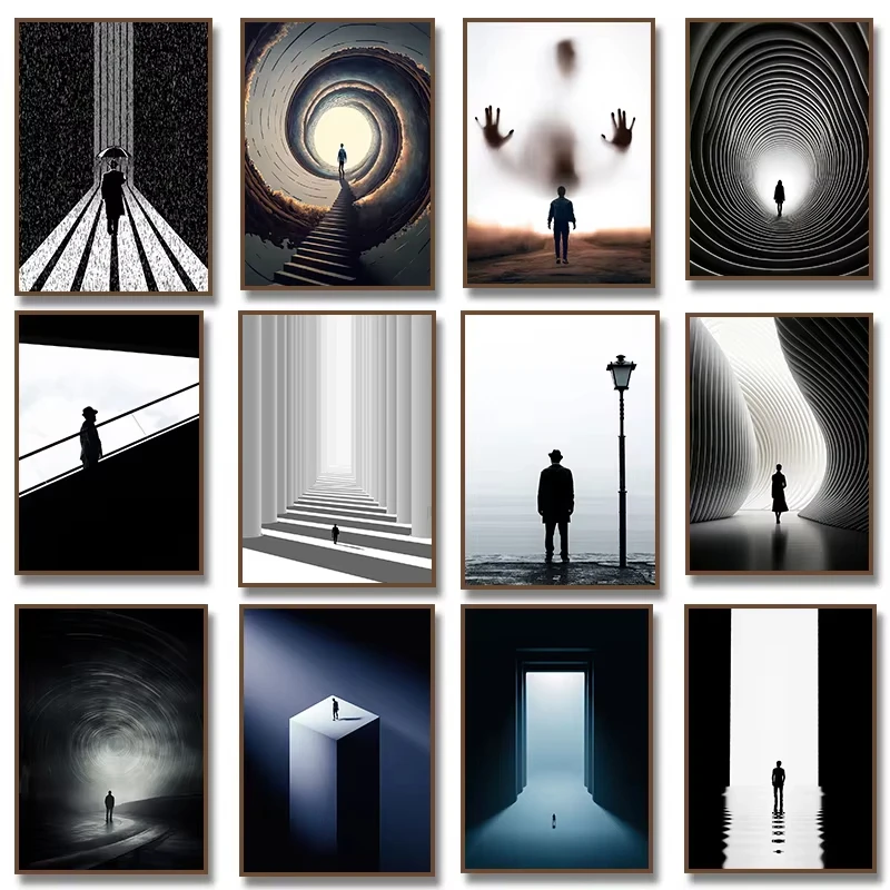 Abstract Black and White Lonely Man Aesthetic Space Architecture Posters Canvas Painting Wall Prints Modern Picture Home Deco