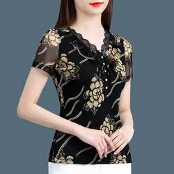 Women's Pullover V-neck Lace Patchwork Mesh 2024 Summer New Short Sleeved Printed Cover Meat Waist Versatile Short Sleeved Tops